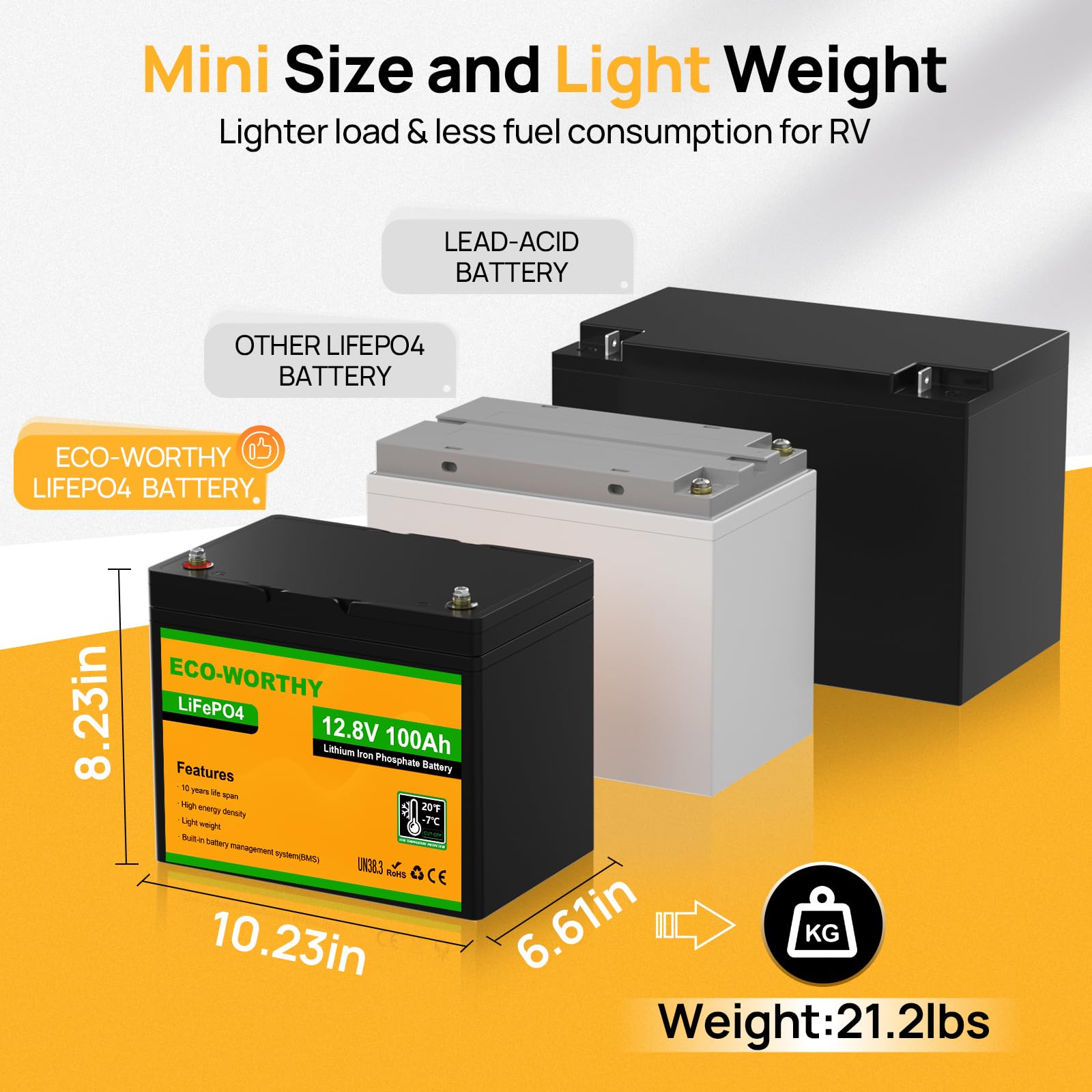 ECO-WORTHY 12V 100Ah LiFePO4 Battery with 10A Smart Lithium Battery Charger, Built-in BMS, 4000+ Deep Cycles, for RV, Marine, Solar Off-Grid System, Household, Group 31 Batteries - Image 6