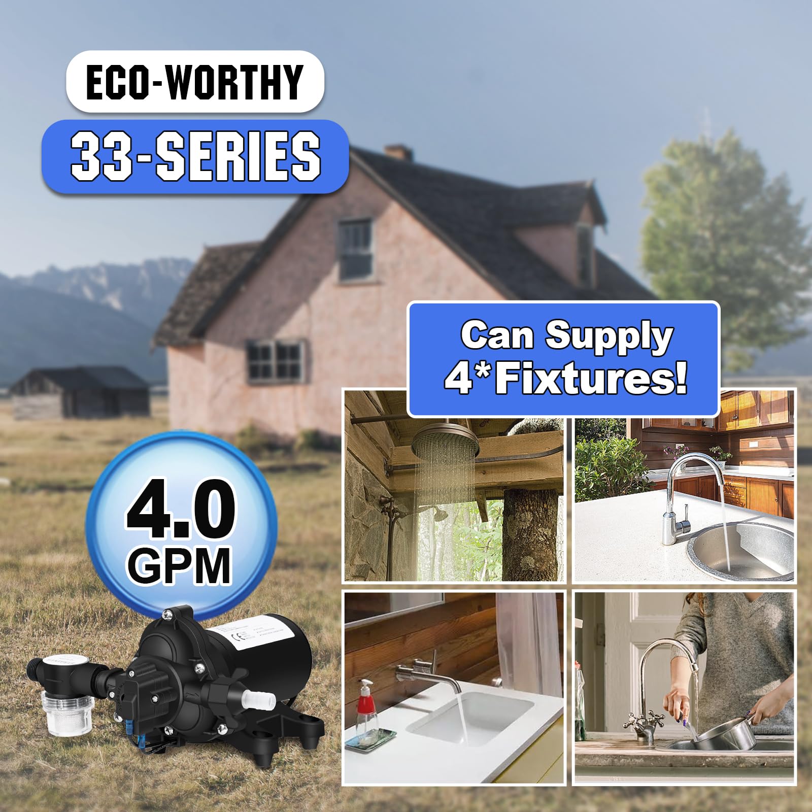 ECO-WORTHY 33-Series Industrial Water Pressure Pump 110V AC 4.0GPM 50PSI RV Fresh Water Diaphragm Pump include Garden Hose Adapters for Irrigation Marine Boat Sprinkler Faucet - Image 8