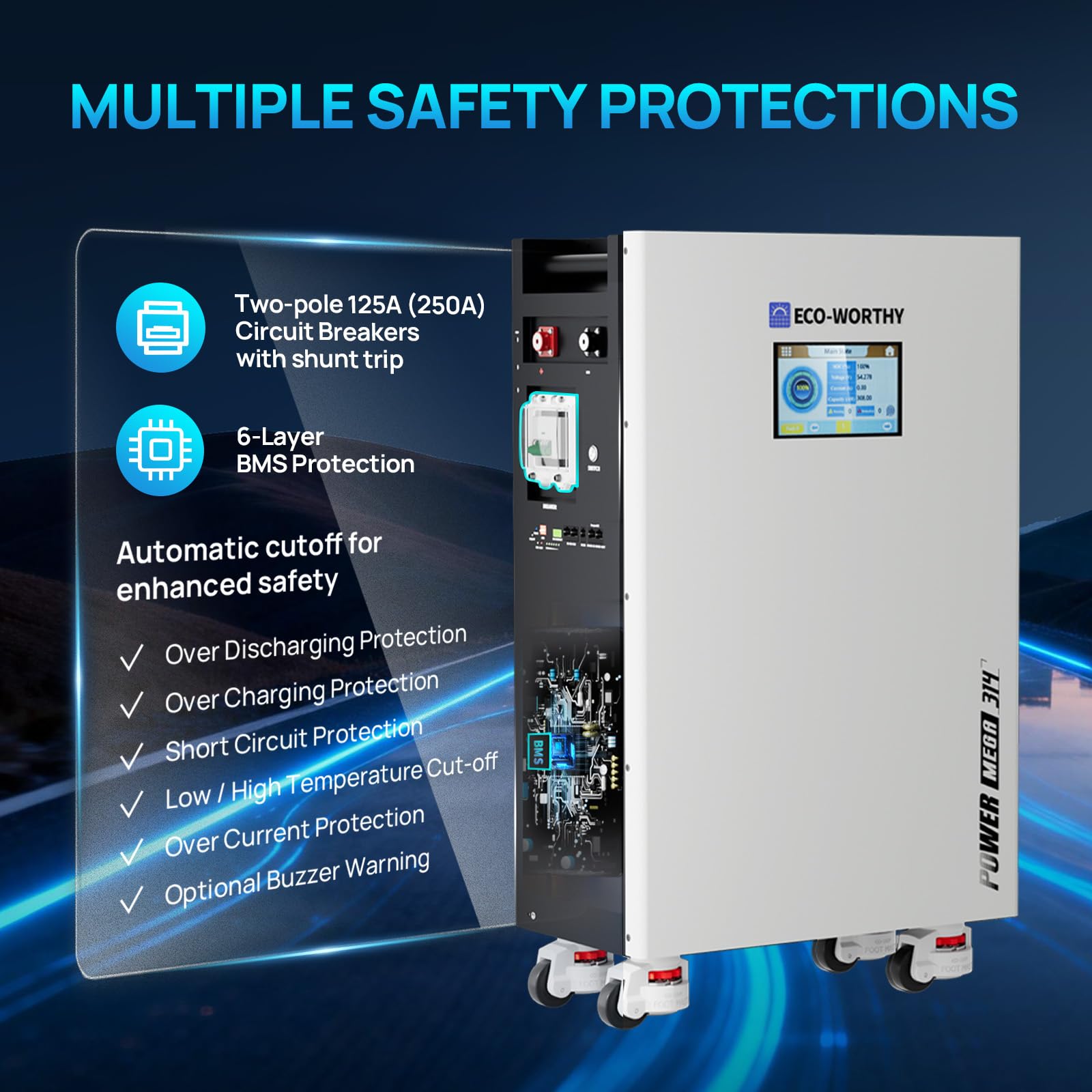 ECO-WORTHY Powermega 48V 314Ah LiFePO4 Battery, 16.1kWh Energy Storage with Breakers, 200A Active Balancing BMS, Aerosol Fire Protection,7" LCD and Bluetooth, RS485/CAN/RS232 for Off-Grid&Home Backup - Image 5