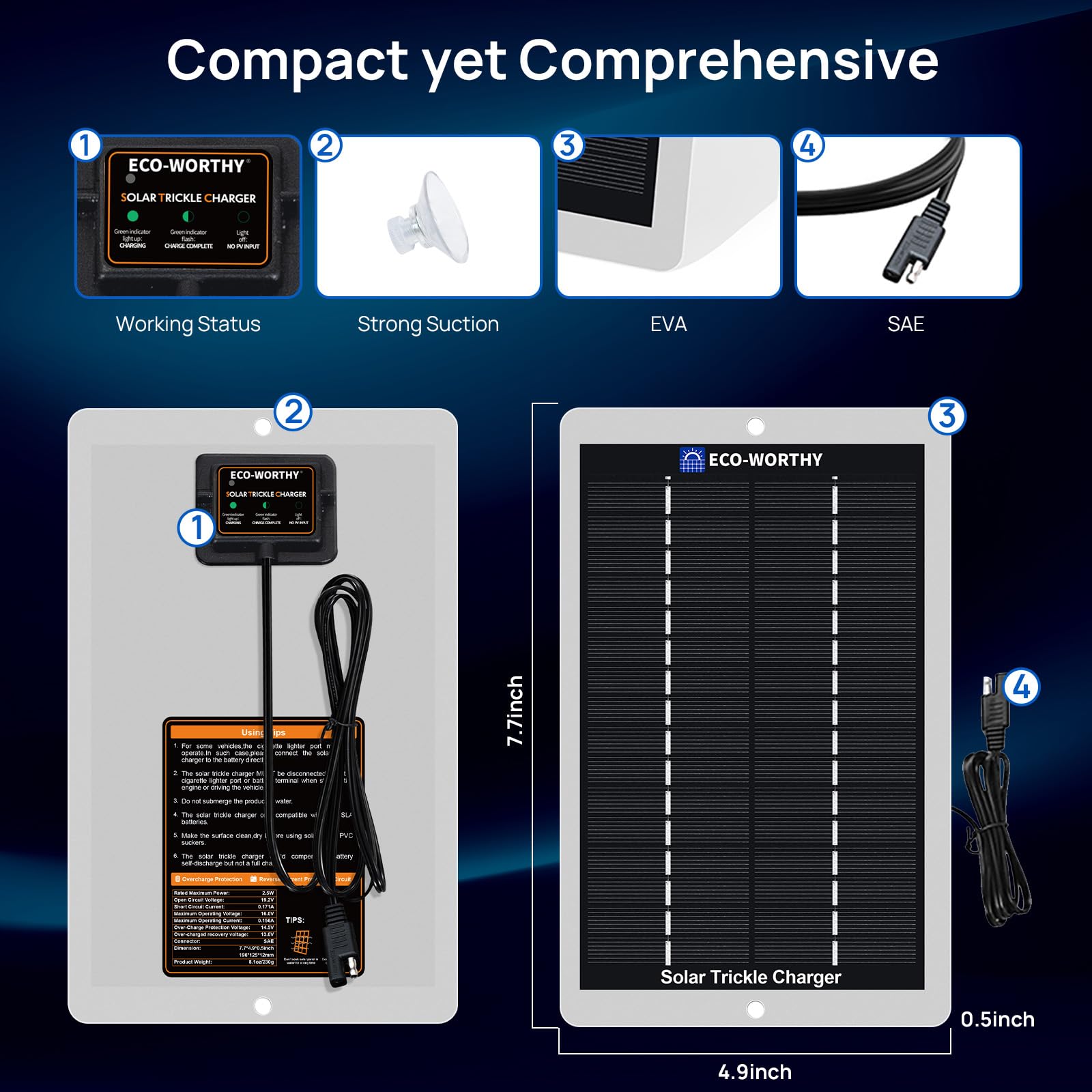 ECO-WORTHY Solar Battery Charger 12 Volt Waterproof Portable Power Solar Panel Solar Trickle Car Battery Charger Maintainer for Car Truck Boat RV Motorcycle Marine Trailer Battery,Plug and Play - Image 6