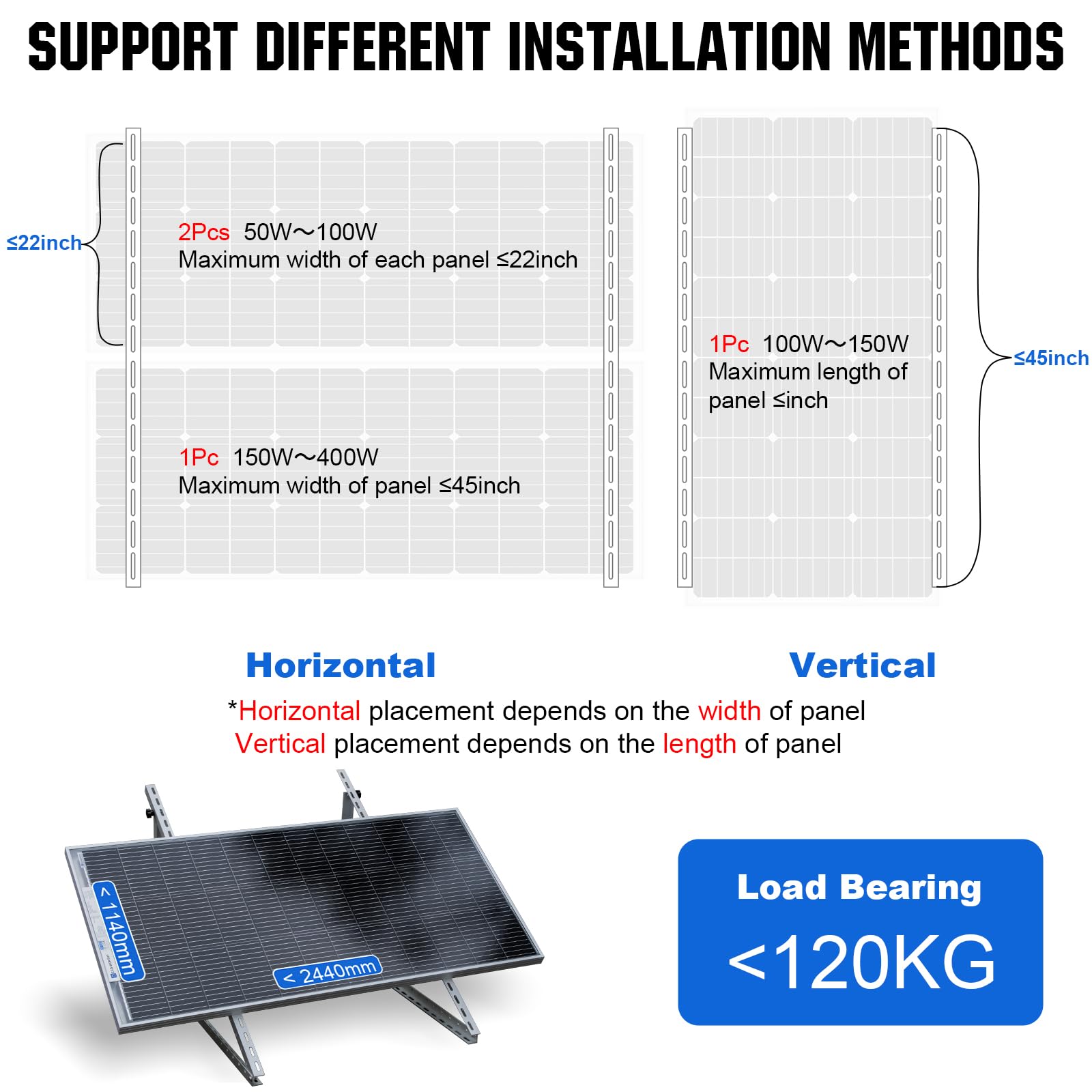 ECO-WORTHY Upgraded 45in Solar Panel Mount Brackets, with Foldable Tilt Legs, Suitable for 2pcs 100W/1pcs 200W 300W 400W Solar Panels,Adjustable Mounting Brackets Kits for RV, Roof, Boat, and Off-Grid - Image 4